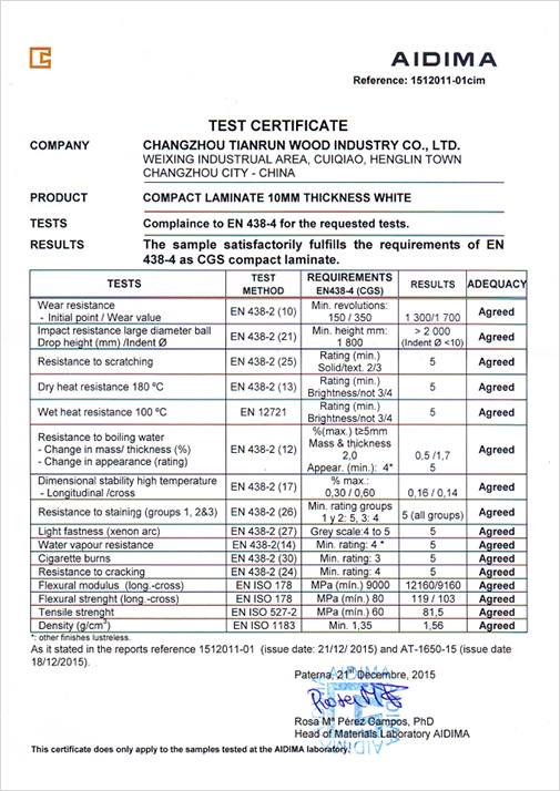The test certificate of Compact Laminate